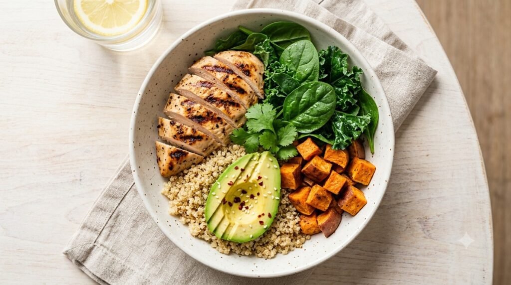 A top-down photograph of a healthy grain bowl containing sliced grilled chicken breast, fluffy quinoa, a seasoned avocado half, roasted sweet potato cubes, and fresh leafy greens (kale and spinach) on a light wooden table.