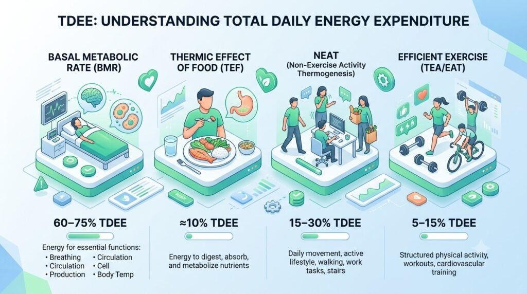 Free TDEE & Macro Calculator - Isometric vector infographic breaking down the 4 components of Total Daily Energy Expenditure (TDEE): Basal Metabolic Rate (BMR), Thermic Effect of Food (TEF), NEAT, and Exercise.