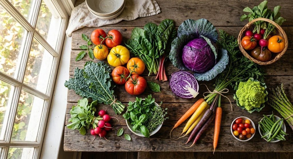 A top-down view of various types of food including fresh anti-inflammatory vegetables like tomatoes, kale, purple cabbage, and rainbow carrots arranged on a rustic wooden table.