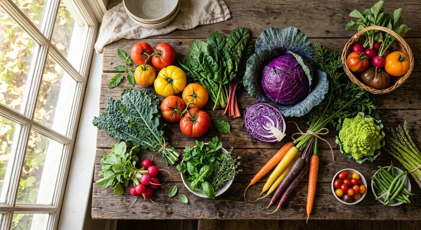 A top-down view of various types of food including fresh anti-inflammatory vegetables like tomatoes, kale, purple cabbage, and rainbow carrots arranged on a rustic wooden table.