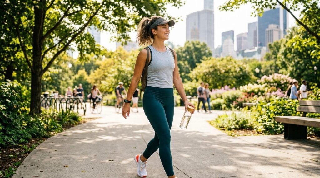 A smiling woman in activewear walks along a paved path in a sunlit Chicago park, holding a glass water bottle. She wears a fitness tracker. Tall city buildings rise in the background behind mature trees. TDEE Macro Calculator